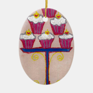 Cupcake Art Print with Cherry and Pink Background Ceramic Ornament