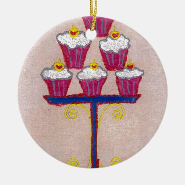 Cupcake Art Print with Cherry and Pink Background Ceramic Ornament (Front)
