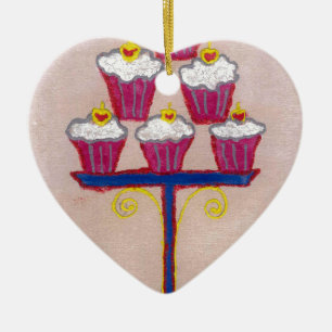 Cupcake Art Print with Cherry and Pink Background Ceramic Tree Decoration