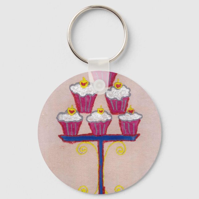 Cupcake Art Print with Cherry and Pink Background Key Ring (Front)