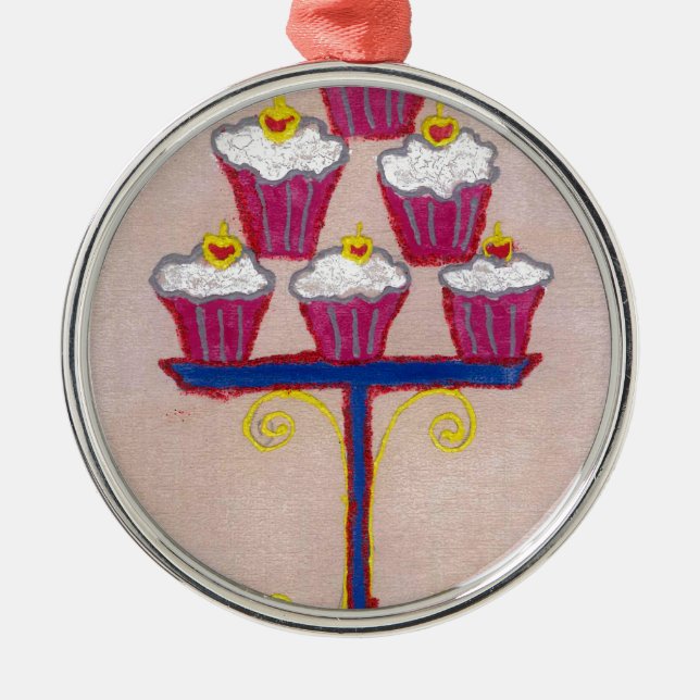 Cupcake Art Print with Cherry and Pink Background Metal Ornament (Front)