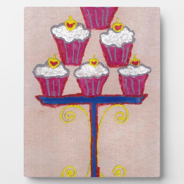 Cupcake Art Print with Cherry and Pink Background Plaque (Front)