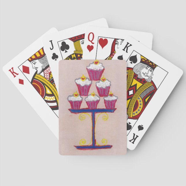 Cupcake Art Print with Cherry and Pink Background Playing Cards (Back)