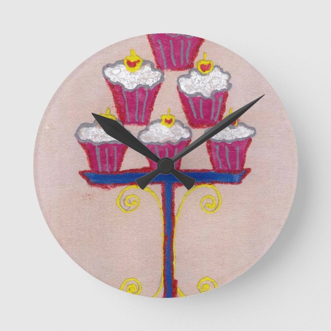 Cupcake Art Print with Cherry and Pink Background Round Clock (Front)