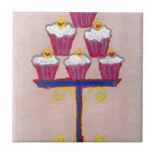Cupcake Art Print with Cherry and Pink Background Tile