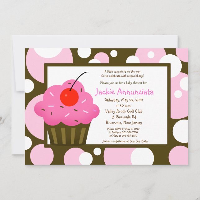 Cupcake Baby Shower Modern Dot Pink Chocolate Invitation (Front)