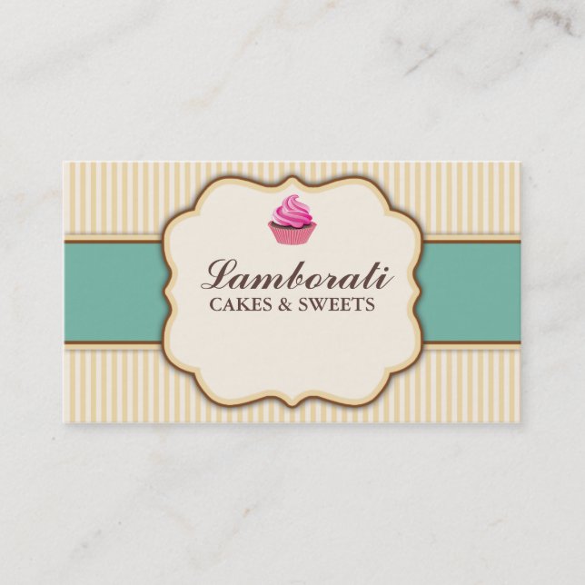 Cupcake Bakery Beige Elegant Retro Modern Stripes Business Card (Front)