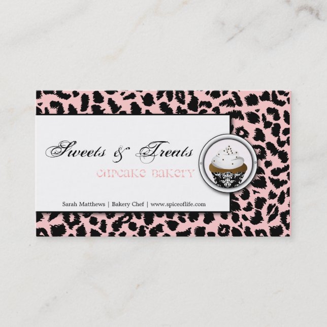 Cupcake Bakery Black Pink Leopard Business Card (Front)