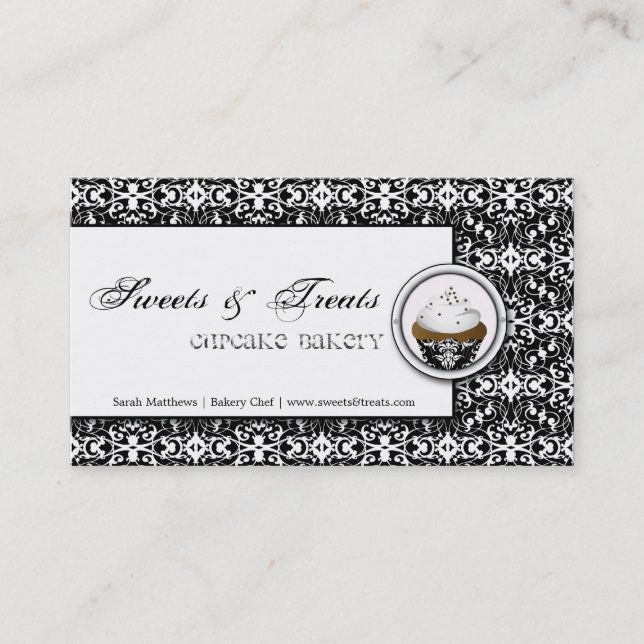 Cupcake Bakery Black White Damask Business Card (Front)