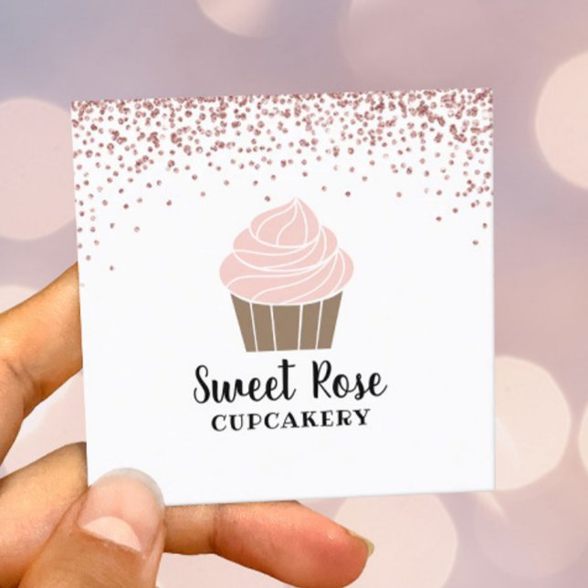 Cupcake Bakery Cute Rose Gold Confetti Square Business Card (Creator Uploaded)