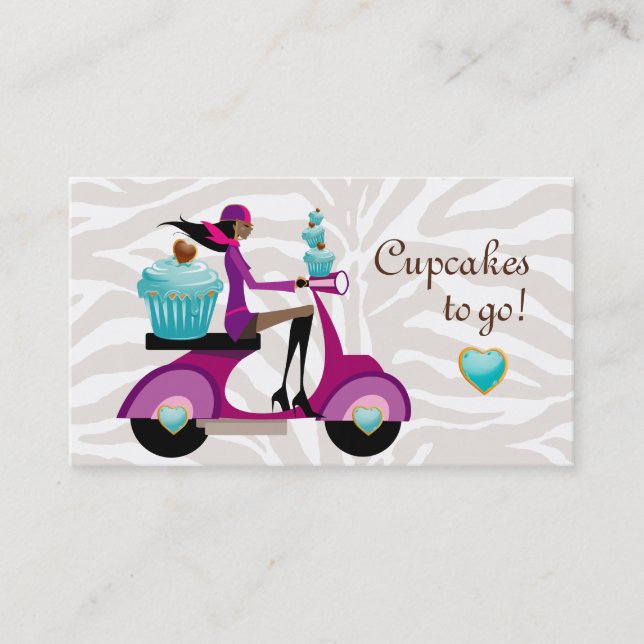 Cupcake Bakery Cute Scooter Girl Zebra Modern Business Card (Front)