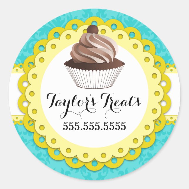 Cupcake Bakery Damask Yellow Scallop Seals (Front)