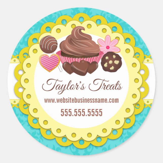 Cupcake Bakery Damask Yellow Scallop Seals (Front)