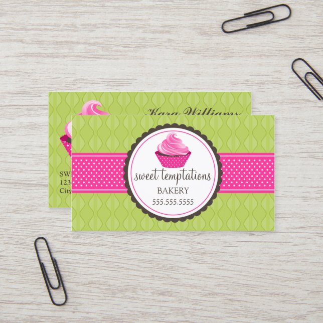 Cupcake Bakery Green Pink Business Card (Front/Back In Situ)