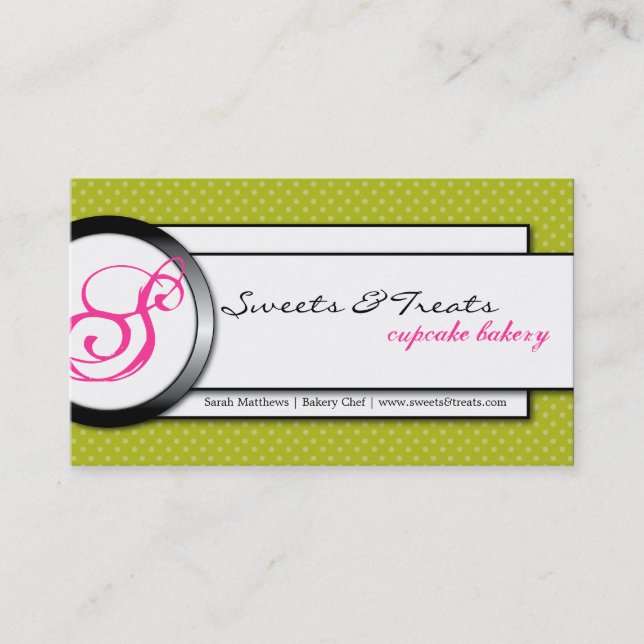 Cupcake Bakery Green Pink Monogram Business Card (Front)