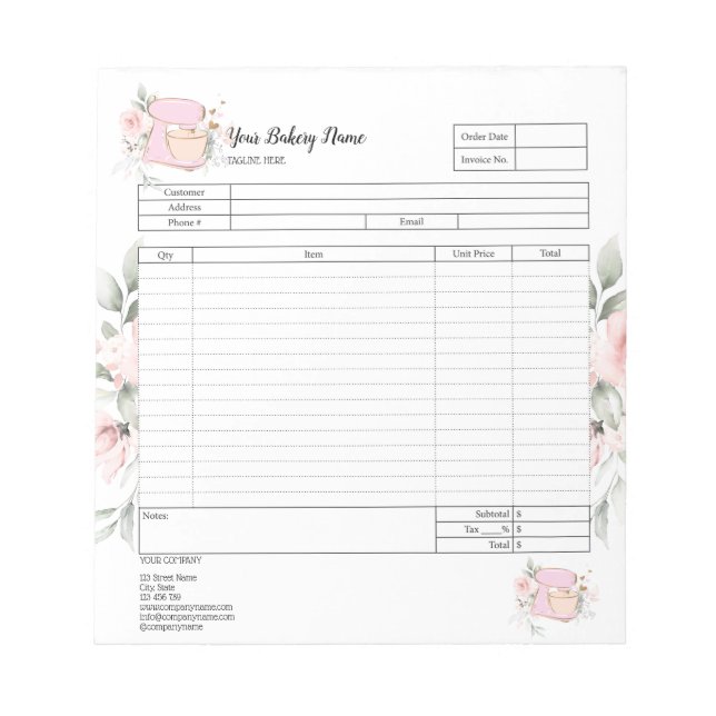 Cupcake Bakery Mixer Order Form Invoice  Notepad (Front)