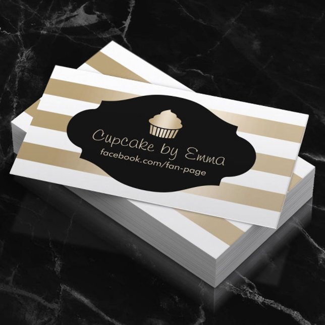 Cupcake Bakery Modern Gold Stripes Business Card (Creator Uploaded)
