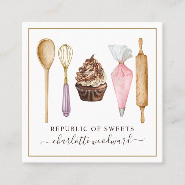 Cupcake Bakery Pastry Chef Baker's Utensils Square Business Card (Front)