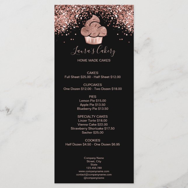 Cupcake Bakery Pastry Chef Glitter Drips Rose Gold Menu (Front)