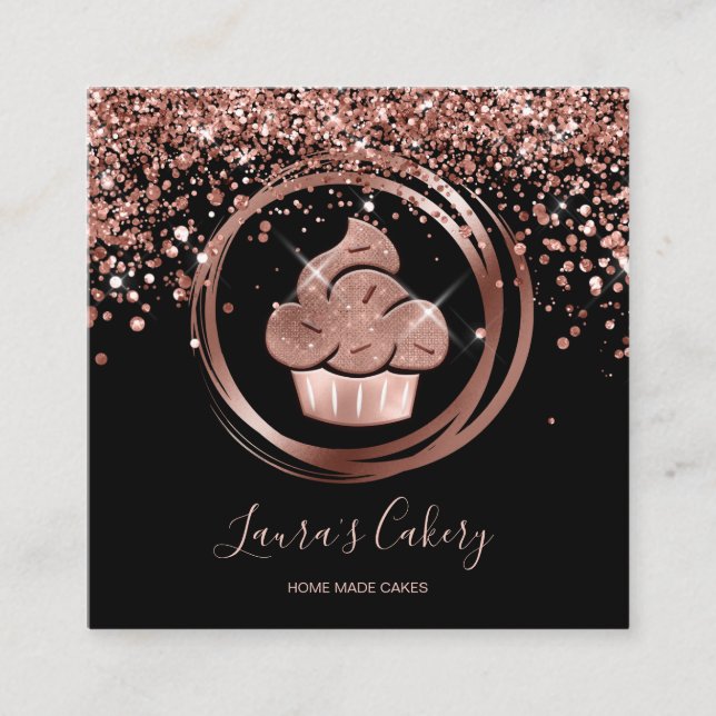 Cupcake Bakery Pastry Chef Glitter Drips Rose Gold Square Business Card (Front)