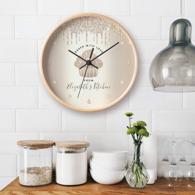 Cupcake Bakery Pastry Chef Gold Glitter Drips Chic Large Clock (Creator Uploaded)