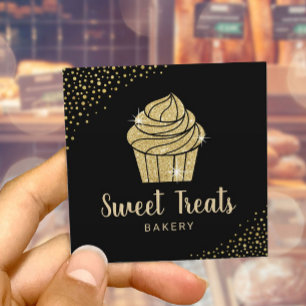 Cupcake Bakery Pastry Chef Modern Black & Gold Square Business Card