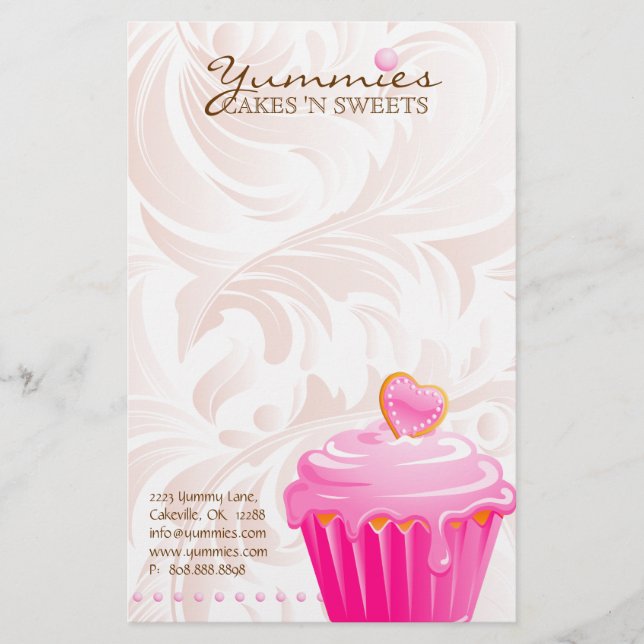 Cupcake Bakery Pastry Chef Pink Heart Leaves 1 Stationery (Front)