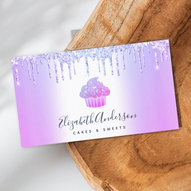 Cupcake Bakery Pastry Chef Purple Glitter Drips Business Card (Creator Uploaded)