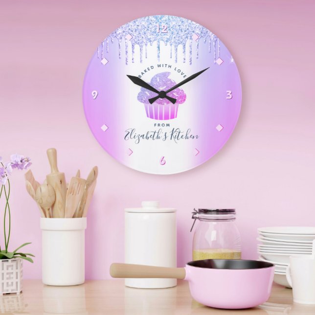 Cupcake Bakery Pastry Chef Purple Glitter Drips Large Clock (Creator Uploaded)