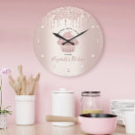 Cupcake Bakery Pastry Chef Rose Gold Glitter Drips Large Clock<br><div class="desc">Make a stylish impression with this elegant, sophisticated, simple, and modern custom name wall clock. A sparkly, rose gold cupcake, script handwritten typography and glitter drips overlay a faux metallic rose gold ombre background. Personalise with your full name, business, or other info. Your choice of a round or square clock...</div>
