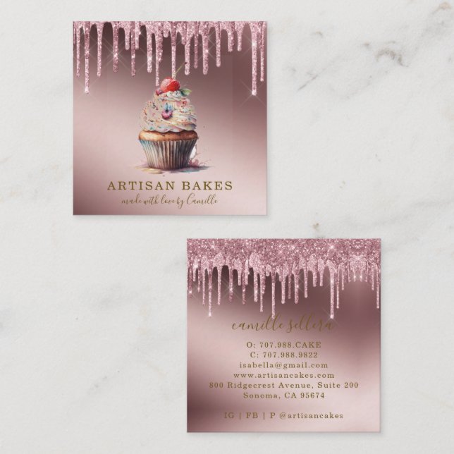 Cupcake Bakery Pastry Chef Rose Gold Glitter Drips Square Business Card (Front/Back)
