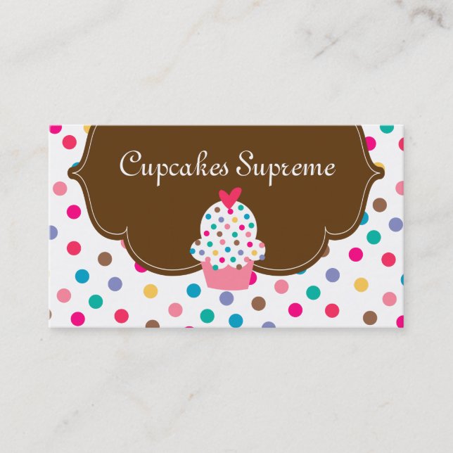 Cupcake Bakery Polka Dots Brown Heart Business Card (Front)