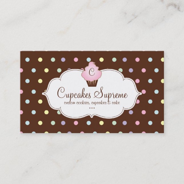 Cupcake Bakery Polka Dots Chocolate Pink Business Card (Front)