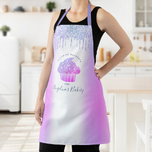 Cupcake Bakery Purple Blue Glitter Drips Script Apron