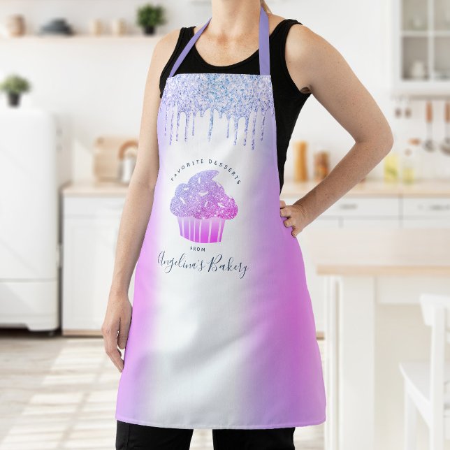 Cupcake Bakery Purple Blue Glitter Drips Script Apron (Creator Uploaded)