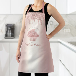 Cupcake Bakery Rose Gold Girly Glitter Drip Script Apron