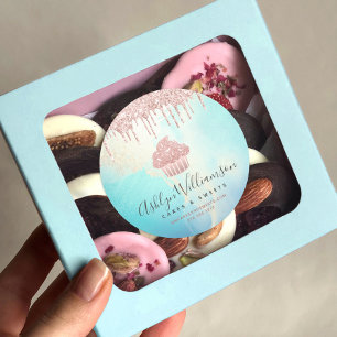Cupcake Bakery Rose Gold Glitter Drips Watercolor Classic Round Sticker