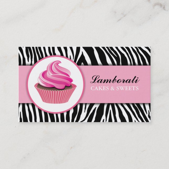 Cupcake Bakery Zebra Print Pink Elegant Modern Business Card (Front)