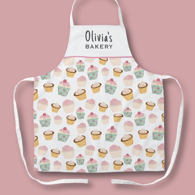 Cupcake Baking Bakery Apron (Cute cupcake kitchen apron perfect for bakers and cooks.  Personalize with your own name or text.)