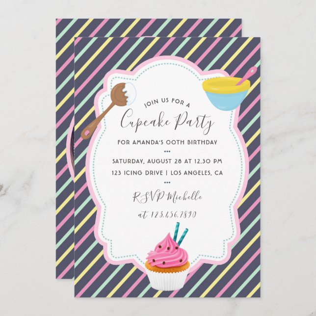 Cupcake Baking Birthday Party add photo invitation (Front/Back)