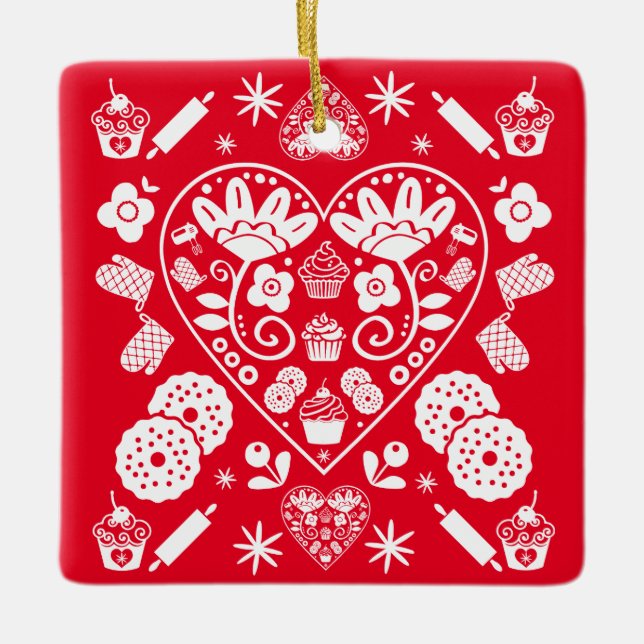 Cupcake Baking Folk Art Ceramic Ornament (Front)