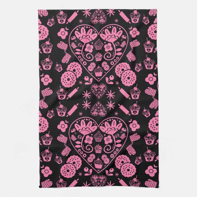 Cupcake Baking Folk Art Tea Towel (Vertical)
