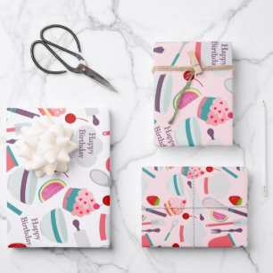 Cupcake Baking Pattern Pink Purple Wrapping Paper Sheet