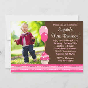 Cupcake Balloons Brown Pink Photo Birthday Invitation