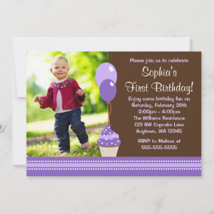 Cupcake Balloons Brown Purple Photo Birthday Invitation