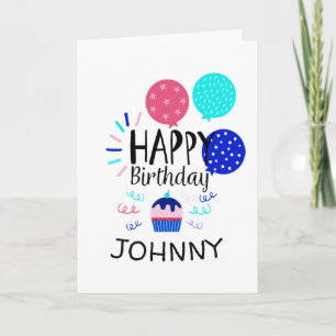 Cupcake & Balloons Happy Birthday Text - Card
