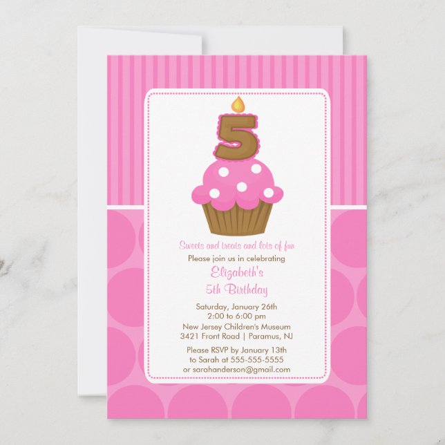 Cupcake Birthday Invitation 5th Birthday Pink (Front)