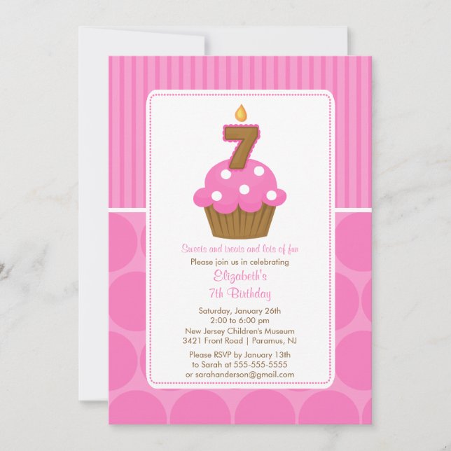 Cupcake Birthday Invitation 7th Birthday Pink (Front)