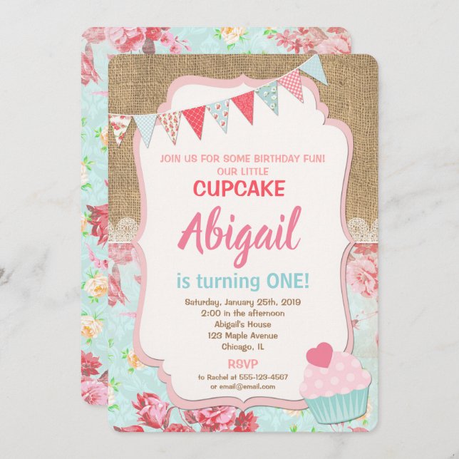 Cupcake birthday invitation girl 1st birthday (Front/Back)