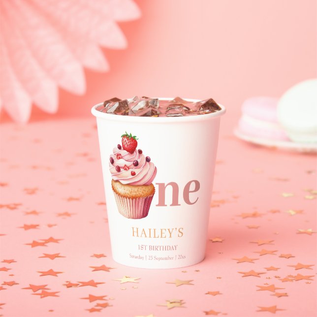 Cupcake Birthday Invitation,  Girls 1st Birthday Paper Cups (Insitu)
